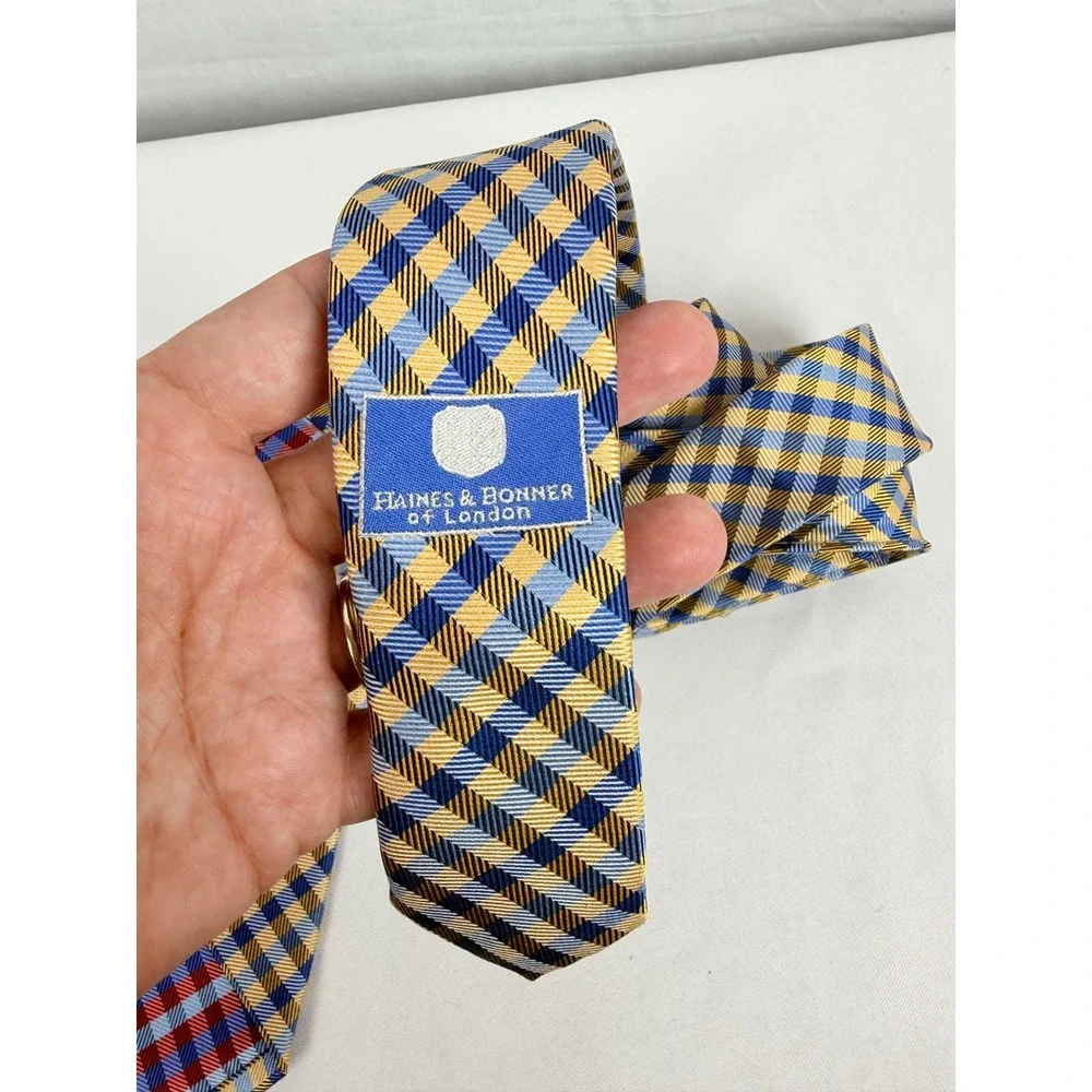 Haines & Bonner‎ London Silk Tie Yellow Blue Gingham Check Handmade Mens